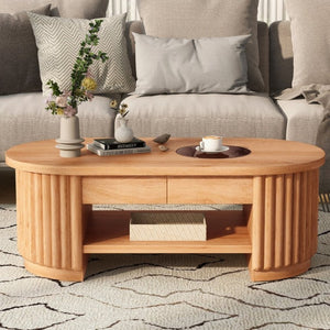 English Elm Vibe Haus Fluted Oval Wood Coffee Table with Glass Inset Two Drawers Living Room Light Brown N893P473269W