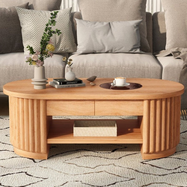 English Elm Vibe Haus Fluted Oval Wood Coffee Table with Glass Inset Two Drawers Living Room Light Brown N893P473269W