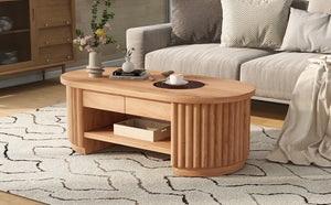English Elm Vibe Haus Fluted Oval Wood Coffee Table with Glass Inset Two Drawers Living Room Light Brown N893P473269W