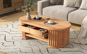 English Elm Vibe Haus Fluted Oval Wood Coffee Table with Glass Inset Two Drawers Living Room Light Brown N893P473269W