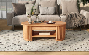 English Elm Vibe Haus Fluted Oval Wood Coffee Table with Glass Inset Two Drawers Living Room Light Brown N893P473269W