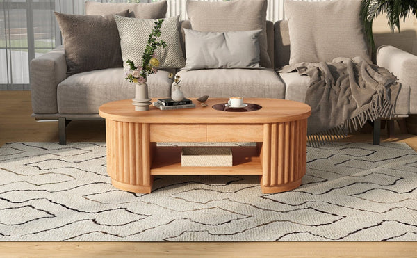 English Elm Vibe Haus Fluted Oval Wood Coffee Table with Glass Inset Two Drawers Living Room Light Brown N893P473269W