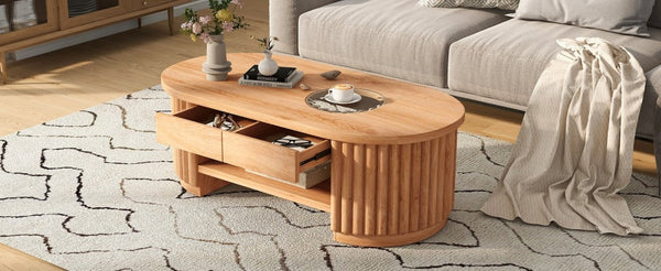 English Elm Vibe Haus Fluted Oval Wood Coffee Table with Glass Inset Two Drawers Living Room Light Brown N893P473269W