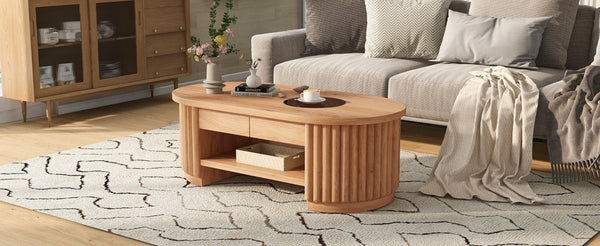 English Elm Vibe Haus Fluted Oval Wood Coffee Table with Glass Inset Two Drawers Living Room Light Brown N893P473269W