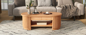 English Elm Vibe Haus Fluted Oval Wood Coffee Table with Glass Inset Two Drawers Living Room Light Brown N893P473269W