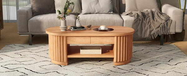 English Elm Vibe Haus Fluted Oval Wood Coffee Table with Glass Inset Two Drawers Living Room Light Brown N893P473269W