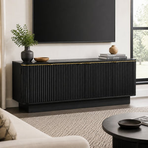 English Elm Vibe Haus Fluted Media Console with Gold Handles Adjustable Storage for Living Room Black N893P493564B