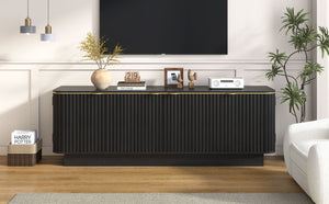 English Elm Vibe Haus Fluted Media Console with Gold Handles Adjustable Storage for Living Room Black N893P493564B