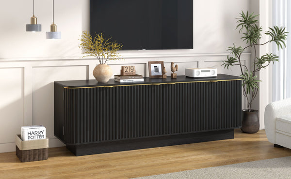 English Elm Vibe Haus Fluted Media Console with Gold Handles Adjustable Storage for Living Room Black N893P493564B