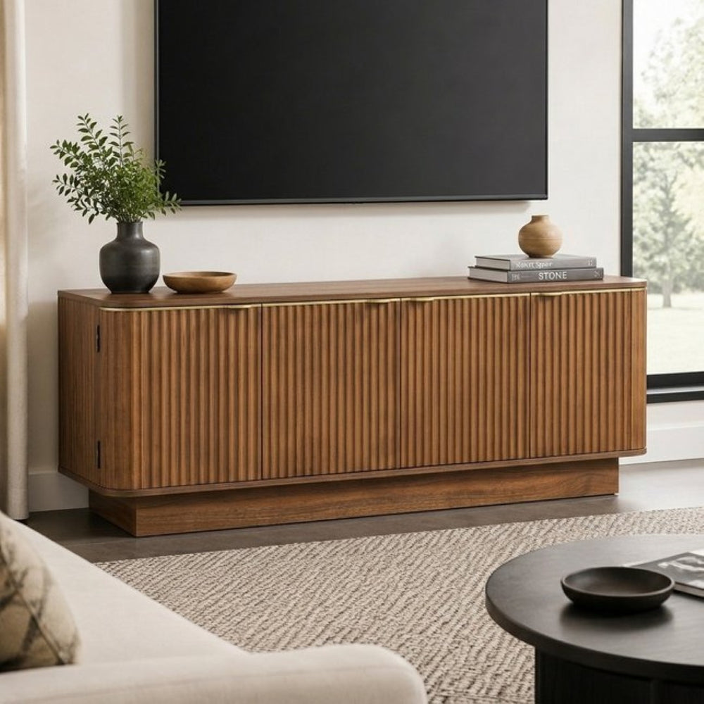 English Elm Vibe Haus Fluted Media Console with Gold Handles Adjustable Storage for Living Room Brown N893P493564D