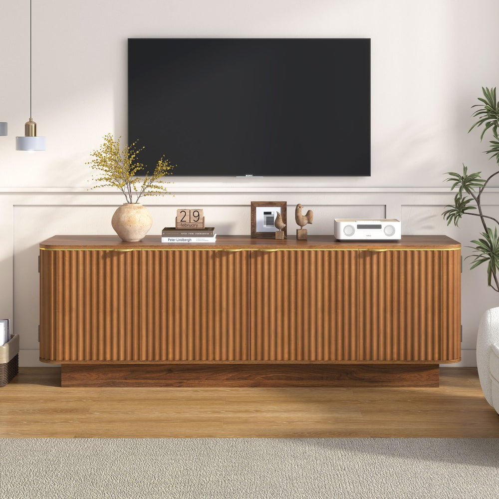 English Elm Vibe Haus Fluted Media Console with Gold Handles Adjustable Storage for Living Room Brown N893P493564D