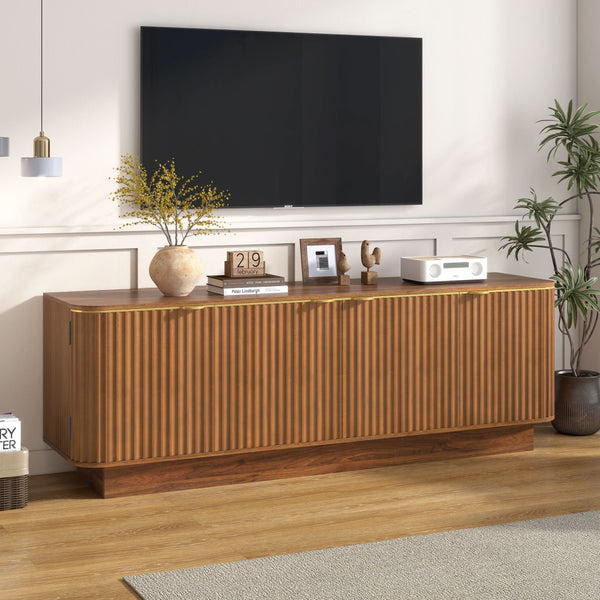 English Elm Vibe Haus Fluted Media Console with Gold Handles Adjustable Storage for Living Room Brown N893P493564D