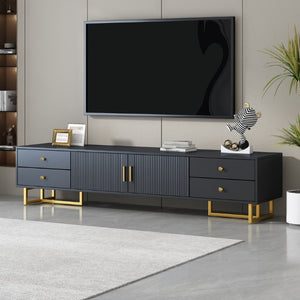 English Elm Vibe Haus Low Profile Media Console with Wave Groove Doors and Four Drawer Storage Black N893P497047B