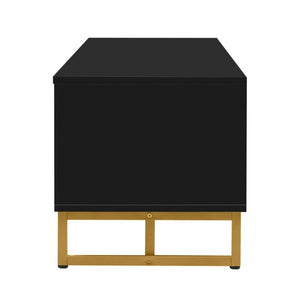 English Elm Vibe Haus Low Profile Media Console with Wave Groove Doors and Four Drawer Storage Black N893P497047B