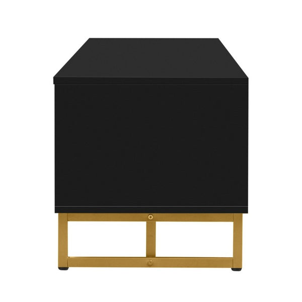 English Elm Vibe Haus Low Profile Media Console with Wave Groove Doors and Four Drawer Storage Black N893P497047B