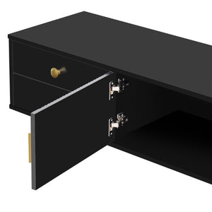 English Elm Vibe Haus Low Profile Media Console with Wave Groove Doors and Four Drawer Storage Black N893P497047B