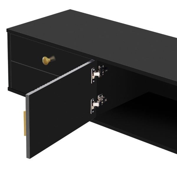 English Elm Vibe Haus Low Profile Media Console with Wave Groove Doors and Four Drawer Storage Black N893P497047B