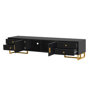 English Elm Vibe Haus Low Profile Media Console with Wave Groove Doors and Four Drawer Storage Black N893P497047B