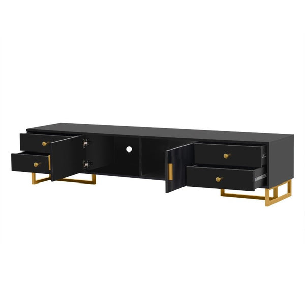 English Elm Vibe Haus Low Profile Media Console with Wave Groove Doors and Four Drawer Storage Black N893P497047B
