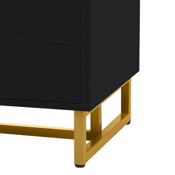 English Elm Vibe Haus Low Profile Media Console with Wave Groove Doors and Four Drawer Storage Black N893P497047B