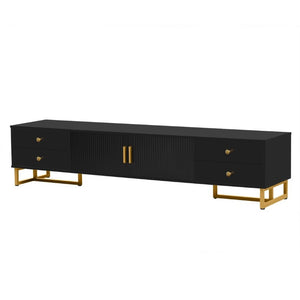 English Elm Vibe Haus Low Profile Media Console with Wave Groove Doors and Four Drawer Storage Black N893P497047B