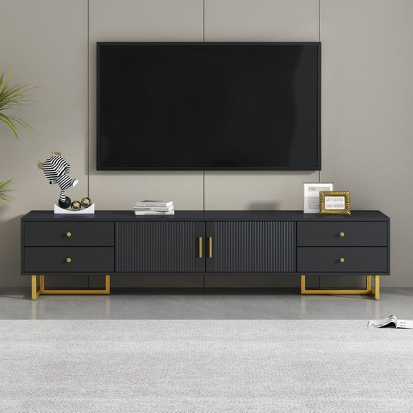 English Elm Vibe Haus Low Profile Media Console with Wave Groove Doors and Four Drawer Storage Black N893P497047B