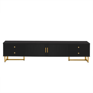 English Elm Vibe Haus Low Profile Media Console with Wave Groove Doors and Four Drawer Storage Black N893P497047B