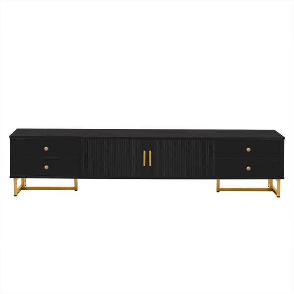 English Elm Vibe Haus Low Profile Media Console with Wave Groove Doors and Four Drawer Storage Black N893P497047B