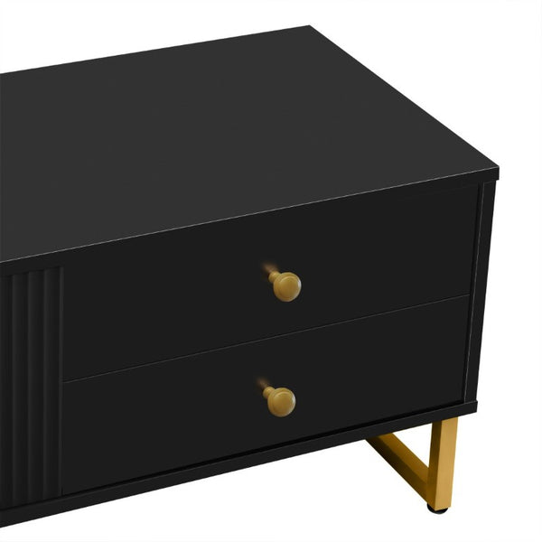 English Elm Vibe Haus Low Profile Media Console with Wave Groove Doors and Four Drawer Storage Black N893P497047B