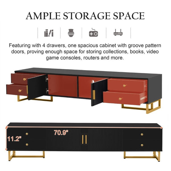 English Elm Vibe Haus Low Profile Media Console with Wave Groove Doors and Four Drawer Storage Black N893P497047B