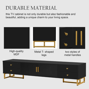 English Elm Vibe Haus Low Profile Media Console with Wave Groove Doors and Four Drawer Storage Black N893P497047B