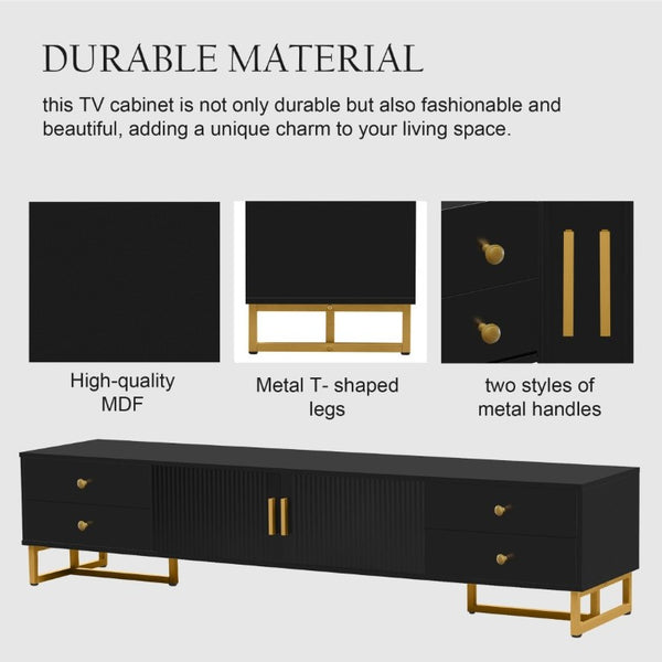 English Elm Vibe Haus Low Profile Media Console with Wave Groove Doors and Four Drawer Storage Black N893P497047B