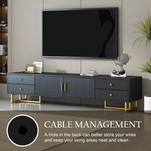English Elm Vibe Haus Low Profile Media Console with Wave Groove Doors and Four Drawer Storage Black N893P497047B