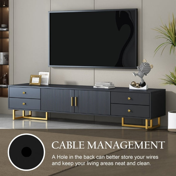 English Elm Vibe Haus Low Profile Media Console with Wave Groove Doors and Four Drawer Storage Black N893P497047B