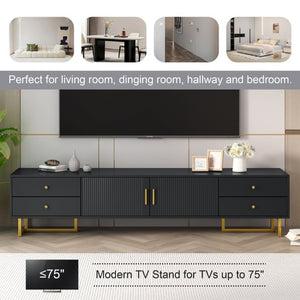 English Elm Vibe Haus Low Profile Media Console with Wave Groove Doors and Four Drawer Storage Black N893P497047B