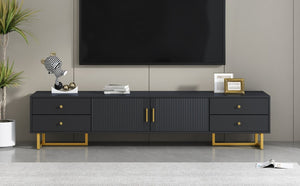 English Elm Vibe Haus Low Profile Media Console with Wave Groove Doors and Four Drawer Storage Black N893P497047B