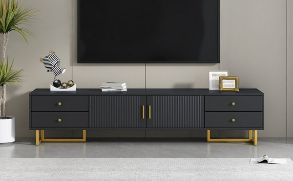 English Elm Vibe Haus Low Profile Media Console with Wave Groove Doors and Four Drawer Storage Black N893P497047B