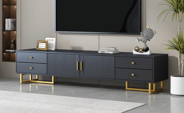 English Elm Vibe Haus Low Profile Media Console with Wave Groove Doors and Four Drawer Storage Black N893P497047B