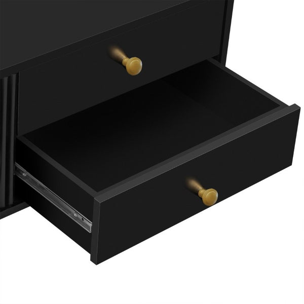 English Elm Vibe Haus Low Profile Media Console with Wave Groove Doors and Four Drawer Storage Black N893P497047B