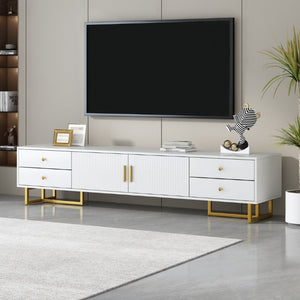 English Elm Vibe Haus Low Profile Media Console with Wave Groove Doors and Four Drawer Storage White N893P497047K
