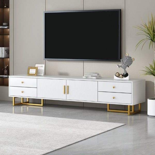 English Elm Vibe Haus Low Profile Media Console with Wave Groove Doors and Four Drawer Storage White N893P497047K