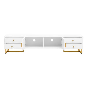 English Elm Vibe Haus Low Profile Media Console with Wave Groove Doors and Four Drawer Storage White N893P497047K