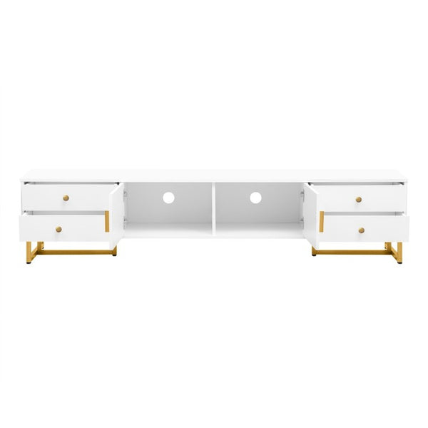 English Elm Vibe Haus Low Profile Media Console with Wave Groove Doors and Four Drawer Storage White N893P497047K