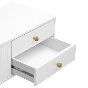 English Elm Vibe Haus Low Profile Media Console with Wave Groove Doors and Four Drawer Storage White N893P497047K