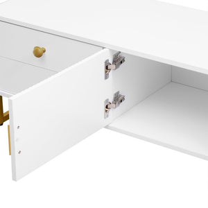 English Elm Vibe Haus Low Profile Media Console with Wave Groove Doors and Four Drawer Storage White N893P497047K