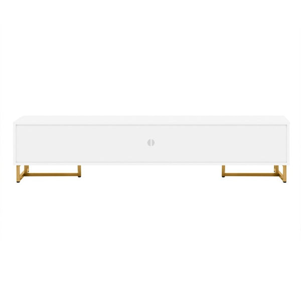 English Elm Vibe Haus Low Profile Media Console with Wave Groove Doors and Four Drawer Storage White N893P497047K