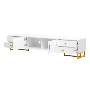 English Elm Vibe Haus Low Profile Media Console with Wave Groove Doors and Four Drawer Storage White N893P497047K