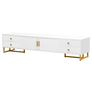 English Elm Vibe Haus Low Profile Media Console with Wave Groove Doors and Four Drawer Storage White N893P497047K