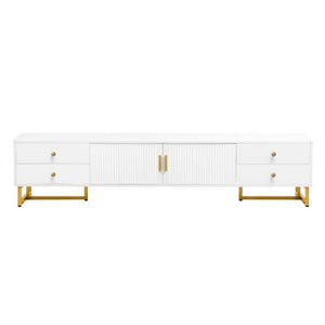 English Elm Vibe Haus Low Profile Media Console with Wave Groove Doors and Four Drawer Storage White N893P497047K