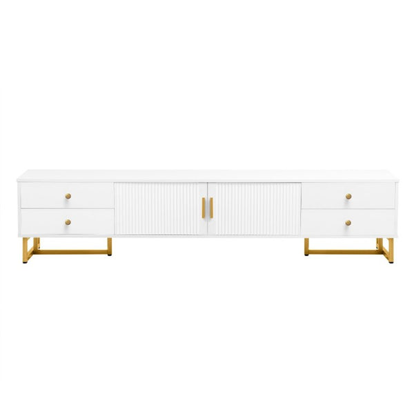 English Elm Vibe Haus Low Profile Media Console with Wave Groove Doors and Four Drawer Storage White N893P497047K